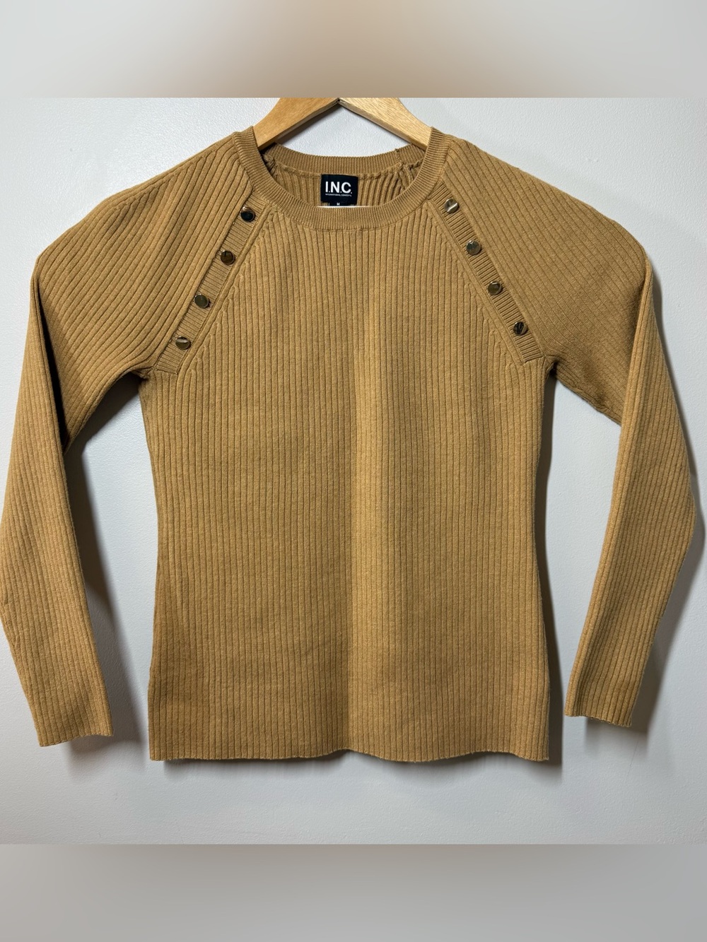 INC International Concepts Womens M Camel Ribbed Knit Gold Button Sweater